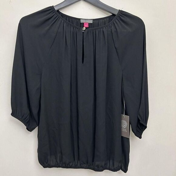 Vince Camuto Elegant Black Neck Blouse with 3/4 Sleeves Versatile Office Evening - Picture 2 of 6